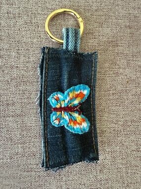 Handmade Denim Keychain with Multicolor Butterfly Embroidery
